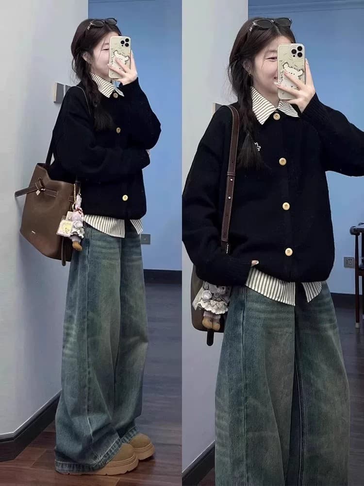 한 부서 패치워크 셔츠 칼라 페이크 레이어드 스웨터 여자 가을 겨울 POLO 칼라 고급 센스 느긋한 학원 스타일 니트 오픈 가디건 상세 이미지 1
