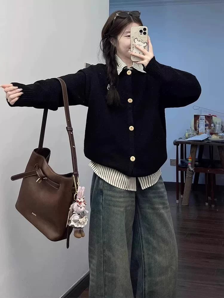 한 부서 패치워크 셔츠 칼라 페이크 레이어드 스웨터 여자 가을 겨울 POLO 칼라 고급 센스 느긋한 학원 스타일 니트 오픈 가디건 상세 이미지 3