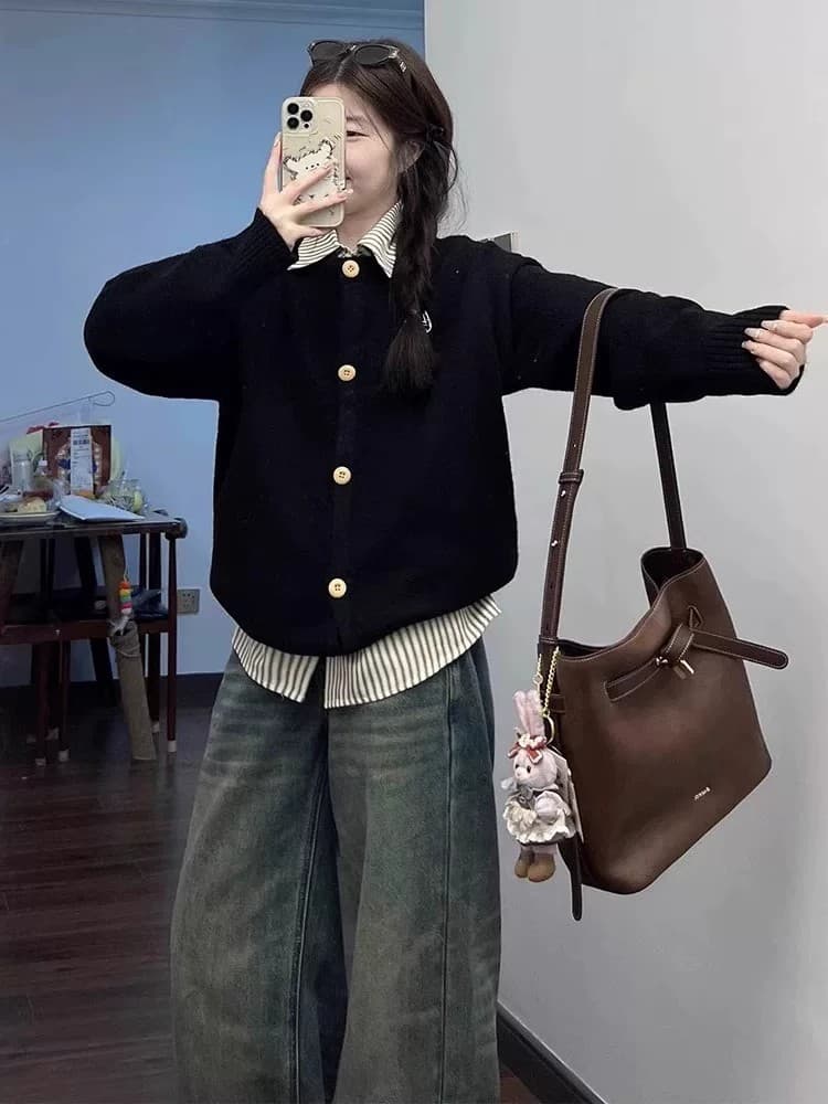 한 부서 패치워크 셔츠 칼라 페이크 레이어드 스웨터 여자 가을 겨울 POLO 칼라 고급 센스 느긋한 학원 스타일 니트 오픈 가디건 상세 이미지 9