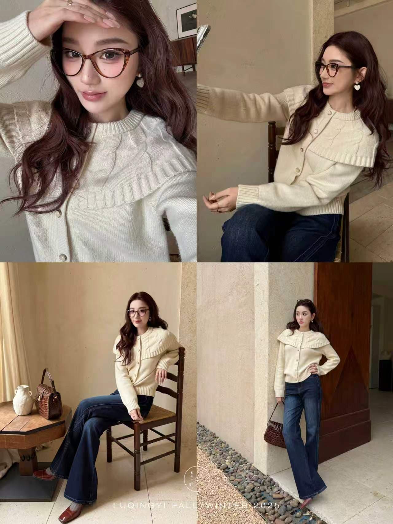 레트로 양모 빨간색 스웨터 여자 겨울 루즈핏 페이크 레이어드 숄 니트 스웨터 이미지 3