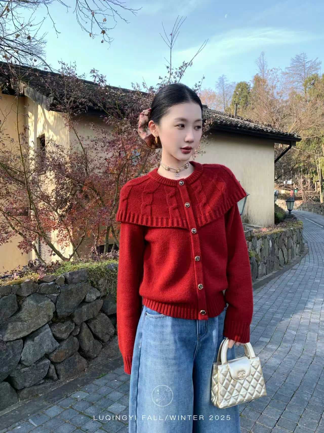 레트로 양모 빨간색 스웨터 여자 겨울 루즈핏 페이크 레이어드 숄 니트 스웨터 이미지 4