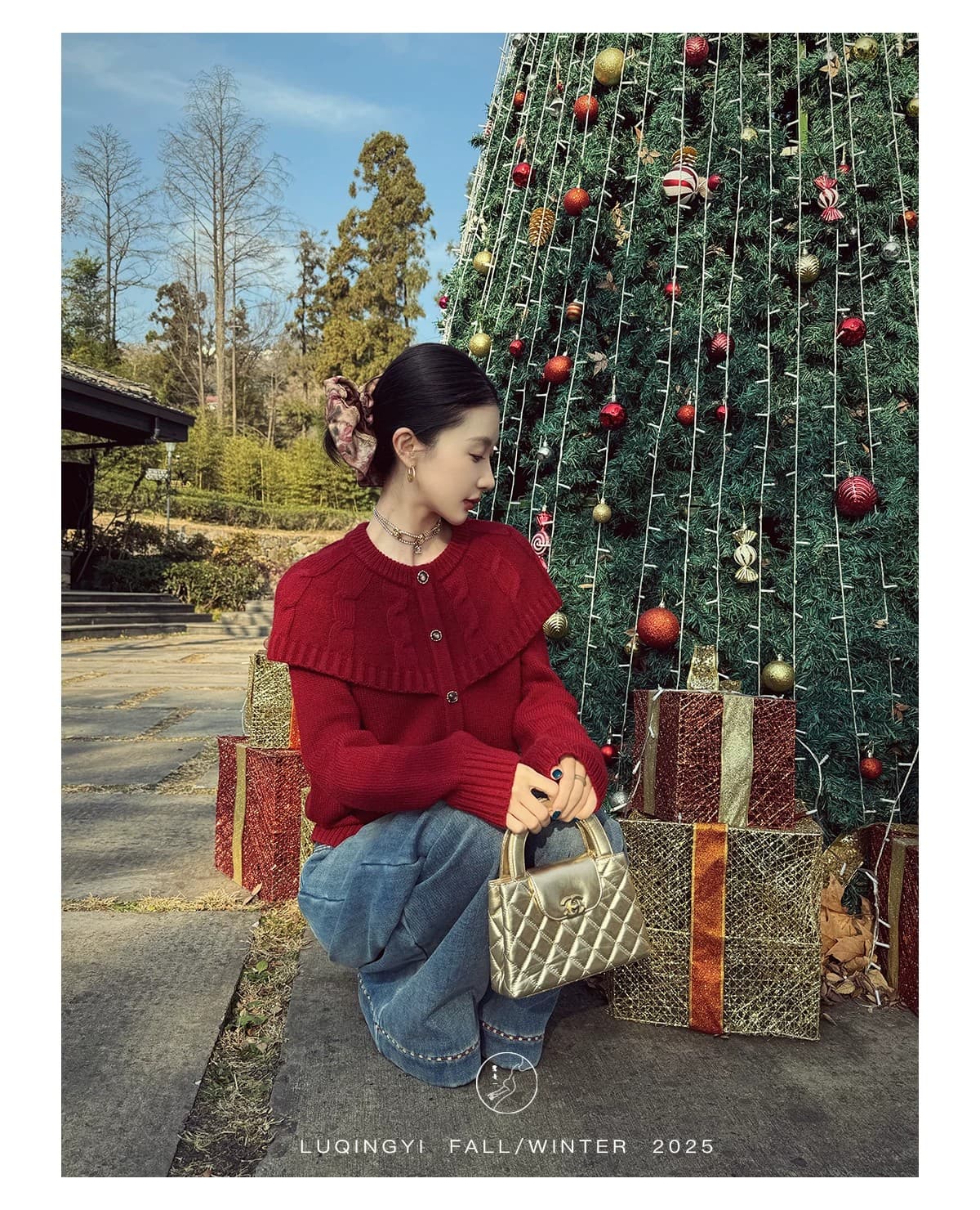 레트로 양모 빨간색 스웨터 여자 겨울 루즈핏 페이크 레이어드 숄 니트 스웨터 상세 이미지 14