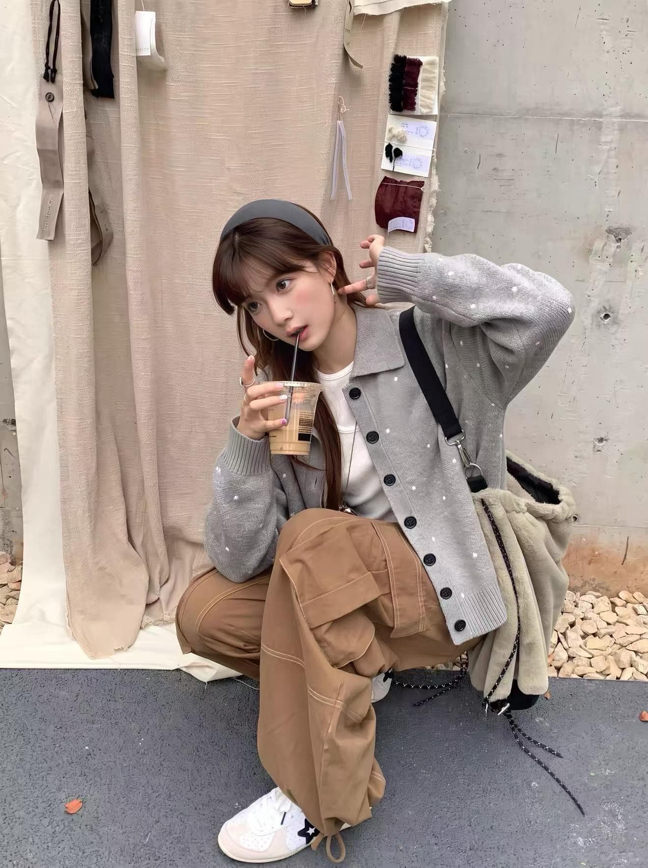 한 부서 신선함 도트 무늬 폴로 칼라 니트 스웨터 여자 가을 디자인 센스 캐주얼 다용도 카디건 코트 상세 이미지 6