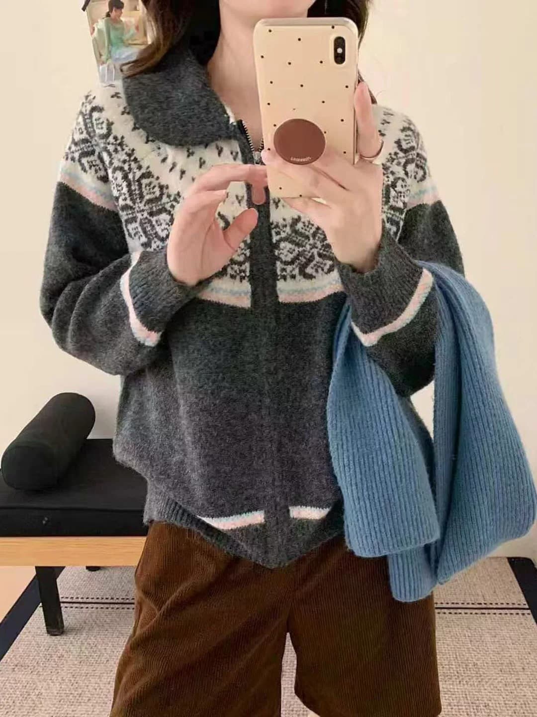 공정한 섬 바람 니트 오픈 가디건 다용도 느긋한 바람 여성 폴로 칼라 지퍼 기하학 패턴 스웨터 루즈핏 슬림해 보이는 재킷 이미지 2