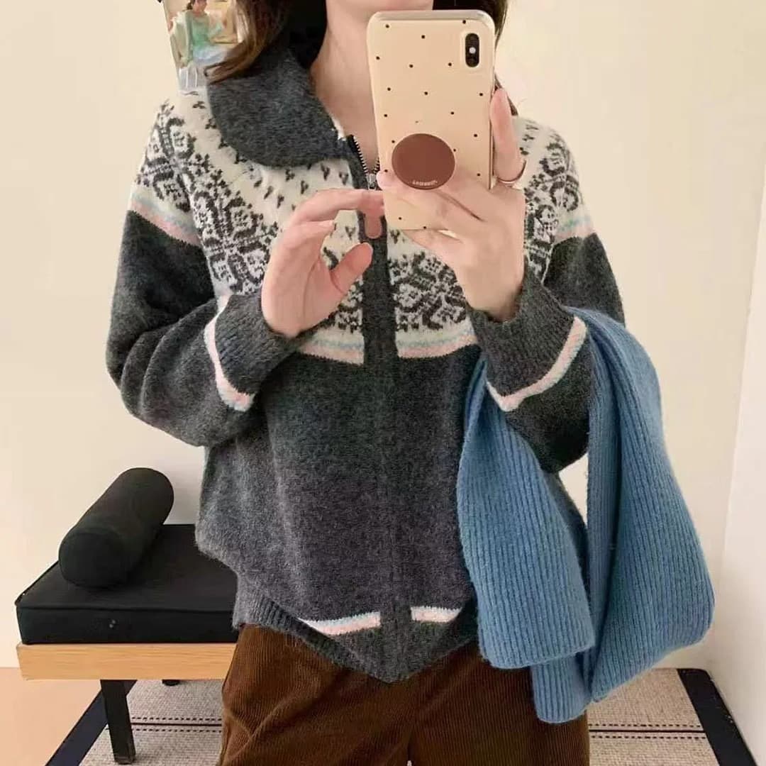 공정한 섬 바람 니트 오픈 가디건 다용도 느긋한 바람 여성 폴로 칼라 지퍼 기하학 패턴 스웨터 루즈핏 슬림해 보이는 재킷 이미지 5