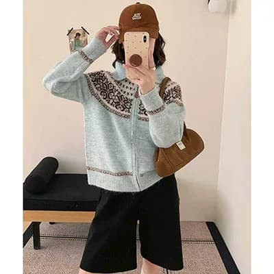 공정한 섬 바람 니트 오픈 가디건 다용도 느긋한 바람 여성 폴로 칼라 지퍼 기하학 패턴 스웨터 루즈핏 슬림해 보이는 재킷 상세 이미지 2
