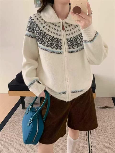 공정한 섬 바람 니트 오픈 가디건 다용도 느긋한 바람 여성 폴로 칼라 지퍼 기하학 패턴 스웨터 루즈핏 슬림해 보이는 재킷 상세 이미지 9
