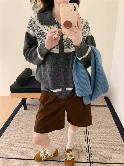 공정한 섬 바람 니트 오픈 가디건 다용도 느긋한 바람 여성 폴로 칼라 지퍼 기하학 패턴 스웨터 루즈핏 슬림해 보이는 재킷 상세 이미지 10