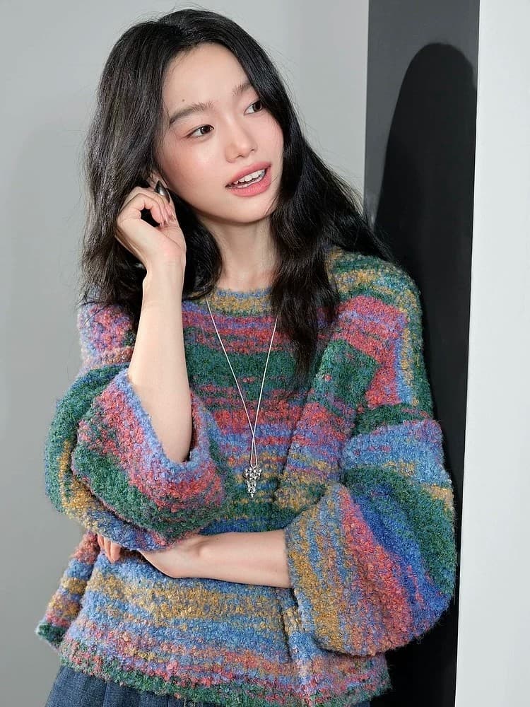 색상 스웨터 루즈핏 라운드 넥 니트 스웨터 2026 가을 겨울철 도파민 새로운 여성 품격 긴팔 맨위 상세 이미지 9