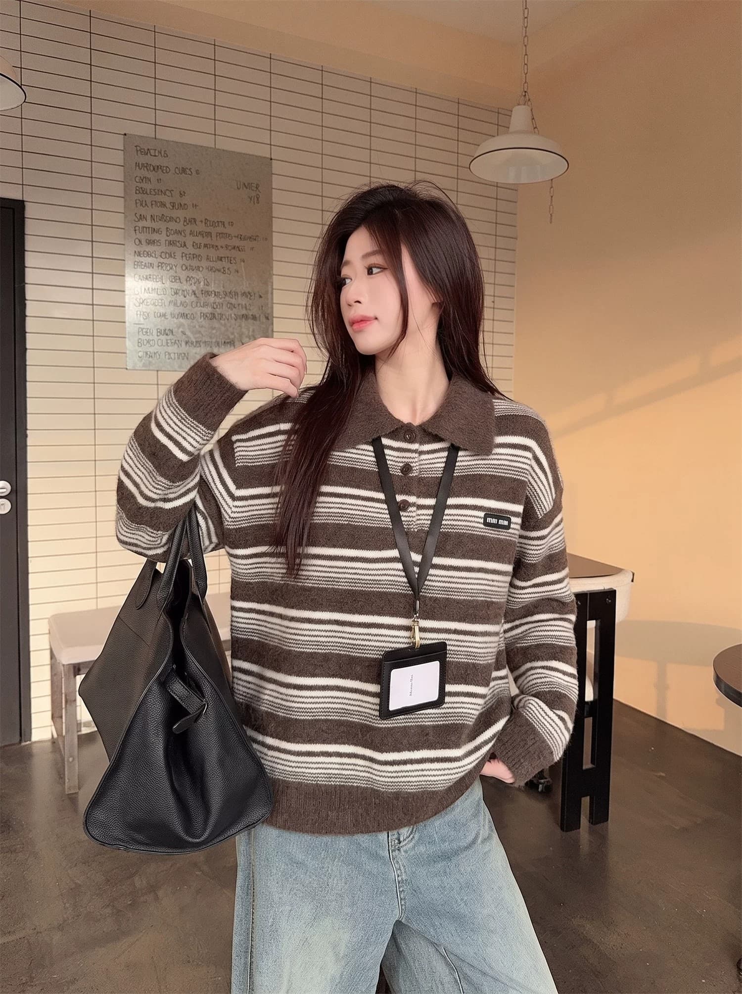 레트로 디자인 센스 알파벳 스트라이프 니트 스웨터 긴팔 여성 26 가을 새로운 다용도 POLO 칼라 슬림해 보이는 맨위 상세 이미지 4