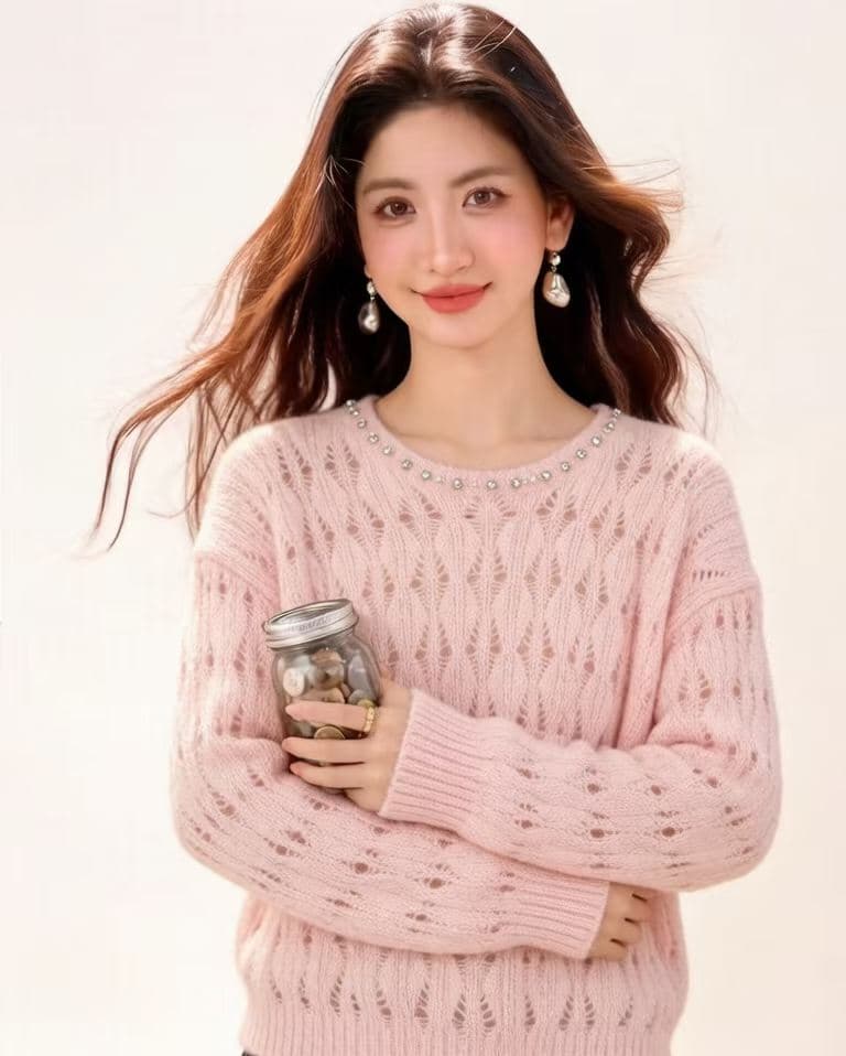 프랑스식 가을 한 부서 달콤함 부드러운 홀로우 아웃 라운드 넥 니트 스웨터 여성 풀오버 부드러운 찹쌀 루즈핏 느긋한 바람 맨위 이미지 4