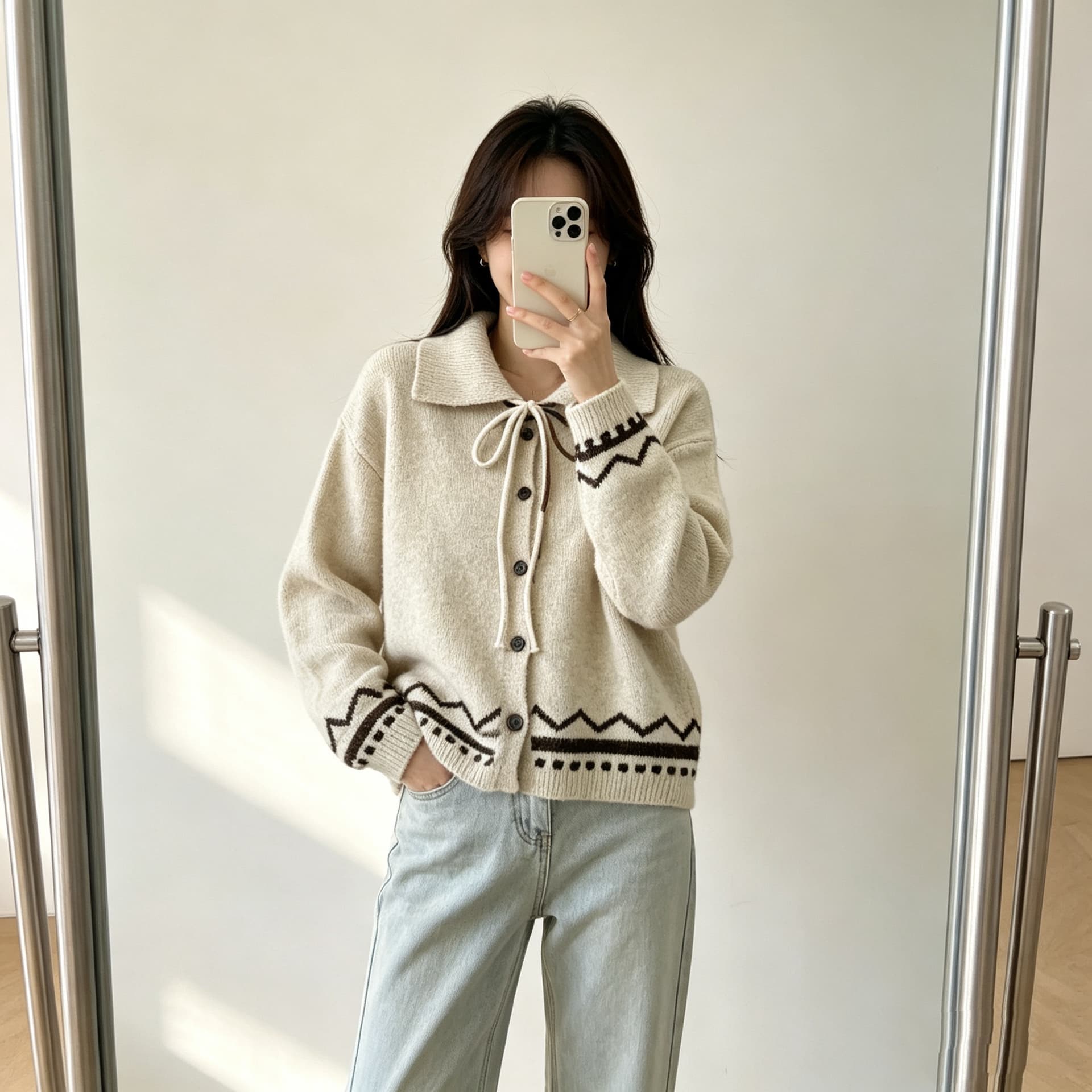 폴로 칼라 레이스업 스웨터 여성 코트 가을 겨울 새로운 그리드 레이 부서 회색 니트 오픈 가디건 레트로 자카드 맨위