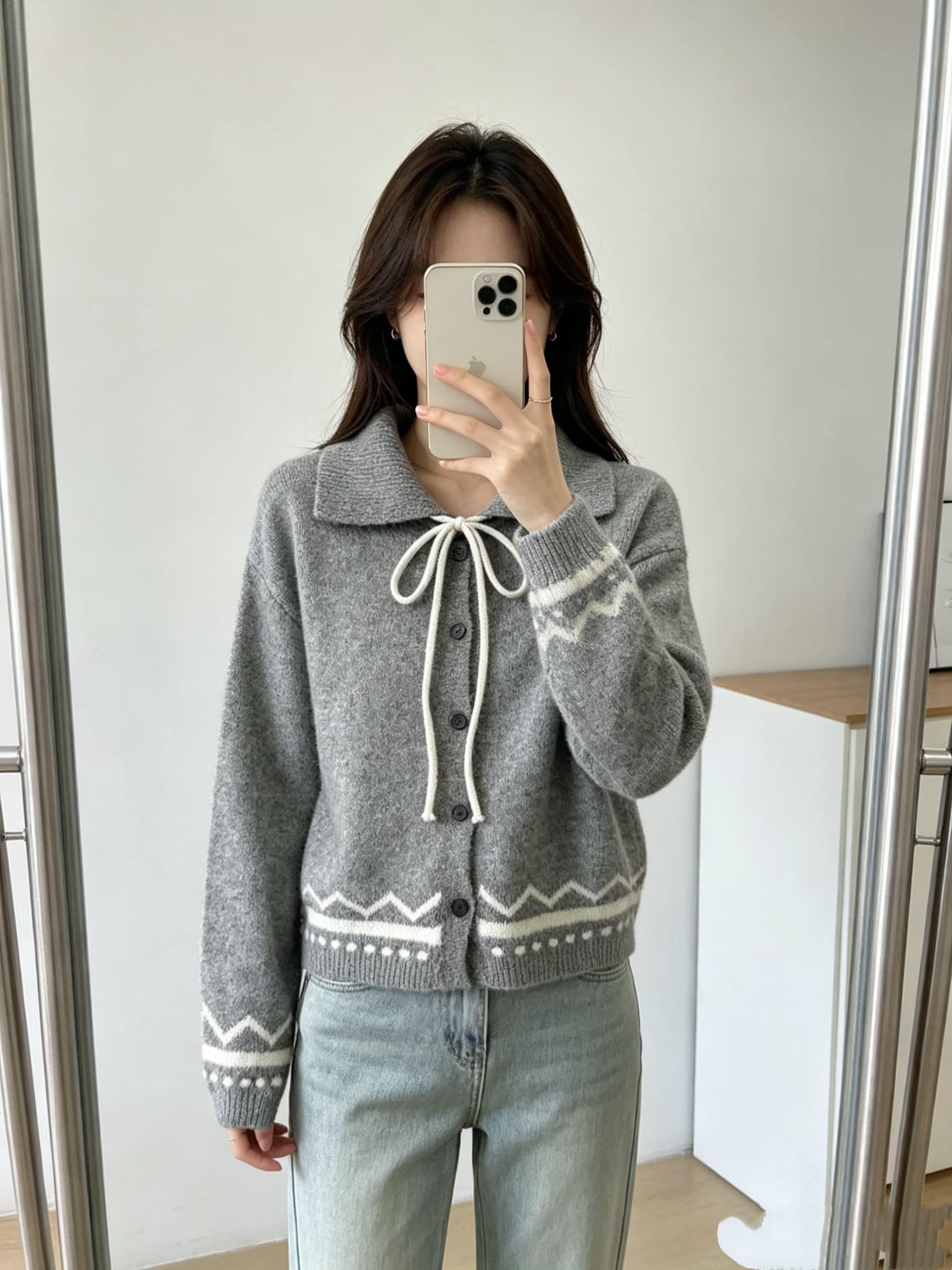 폴로 칼라 레이스업 스웨터 여성 코트 가을 겨울 새로운 그리드 레이 부서 회색 니트 오픈 가디건 레트로 자카드 맨위 이미지 3