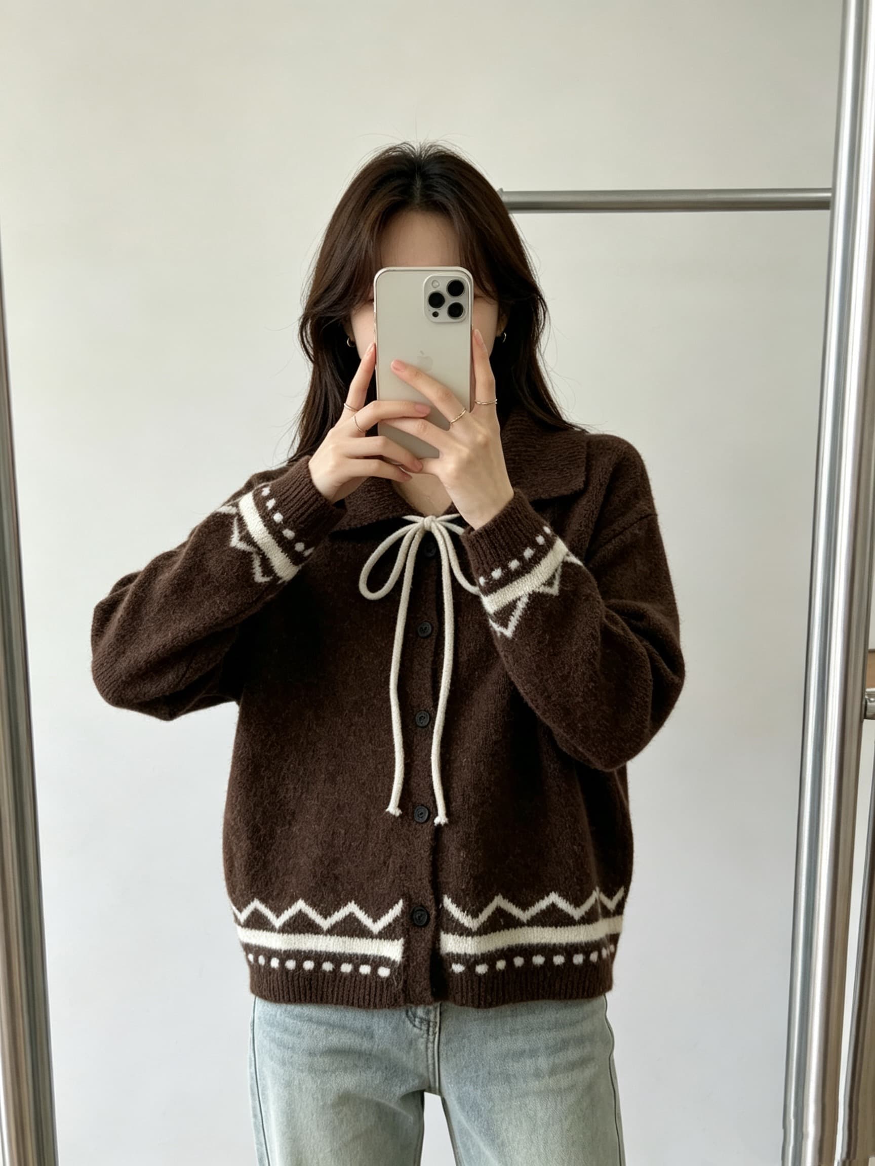 폴로 칼라 레이스업 스웨터 여성 코트 가을 겨울 새로운 그리드 레이 부서 회색 니트 오픈 가디건 레트로 자카드 맨위 이미지 2