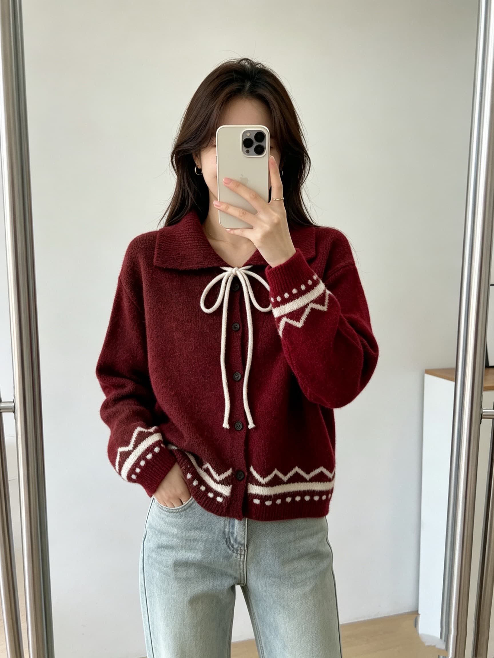 폴로 칼라 레이스업 스웨터 여성 코트 가을 겨울 새로운 그리드 레이 부서 회색 니트 오픈 가디건 레트로 자카드 맨위 상세 이미지 2