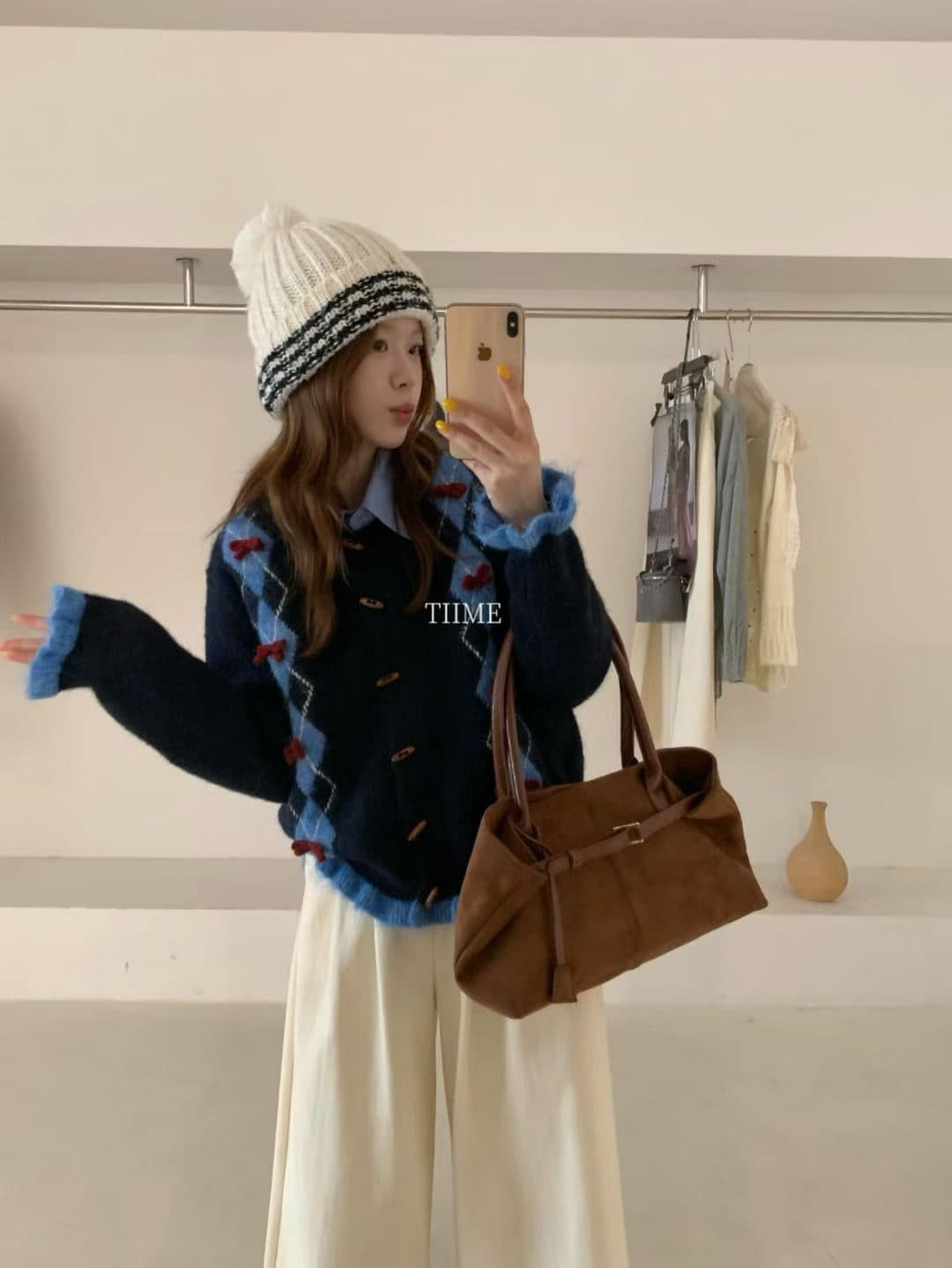 패치워크 색상 라운드 넥 긴팔 스웨터 오픈 가디건 여성 겨울 한 부서 루즈핏 슬림해 보이는 디자인 센스 니트 재킷 이미지 4