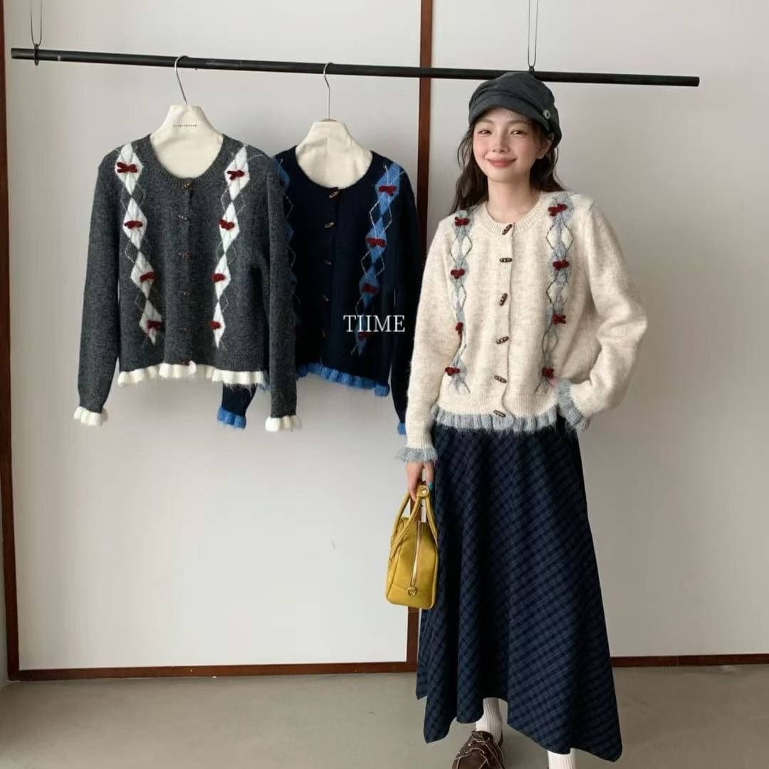 패치워크 색상 라운드 넥 긴팔 스웨터 오픈 가디건 여성 겨울 한 부서 루즈핏 슬림해 보이는 디자인 센스 니트 재킷 이미지 5