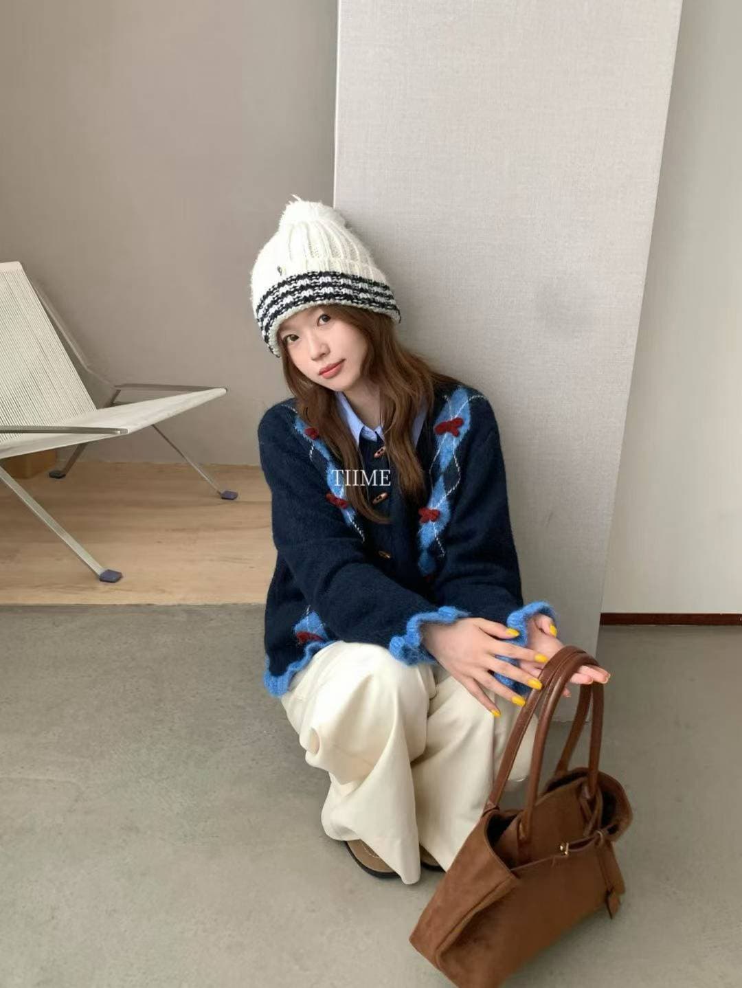 패치워크 색상 라운드 넥 긴팔 스웨터 오픈 가디건 여성 겨울 한 부서 루즈핏 슬림해 보이는 디자인 센스 니트 재킷 상세 이미지 9