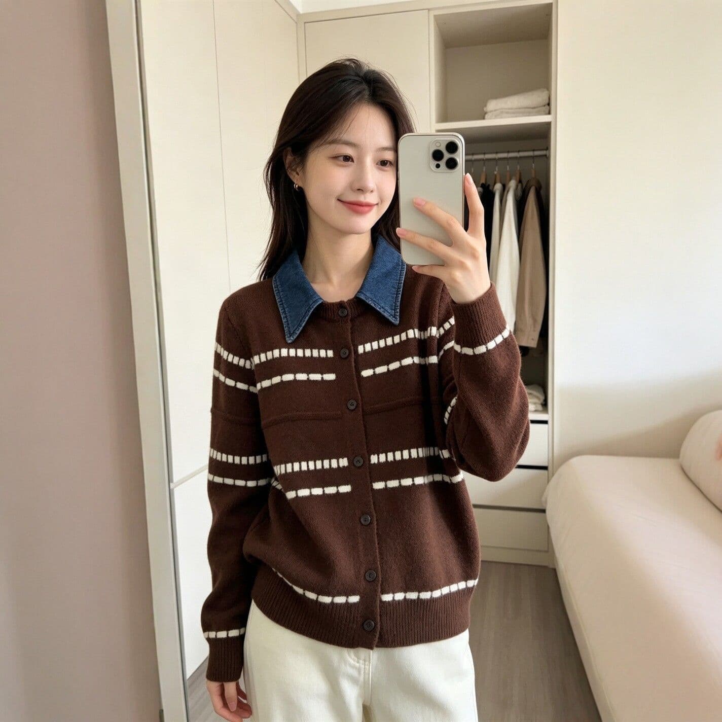 레트로 스트라이프 배색 데님 폴로 칼라 페이크 레이어드 니트 스웨터 2026 가을 새로운 슬림해 보이는 연령 감소 스웨터 코트 이미지 2
