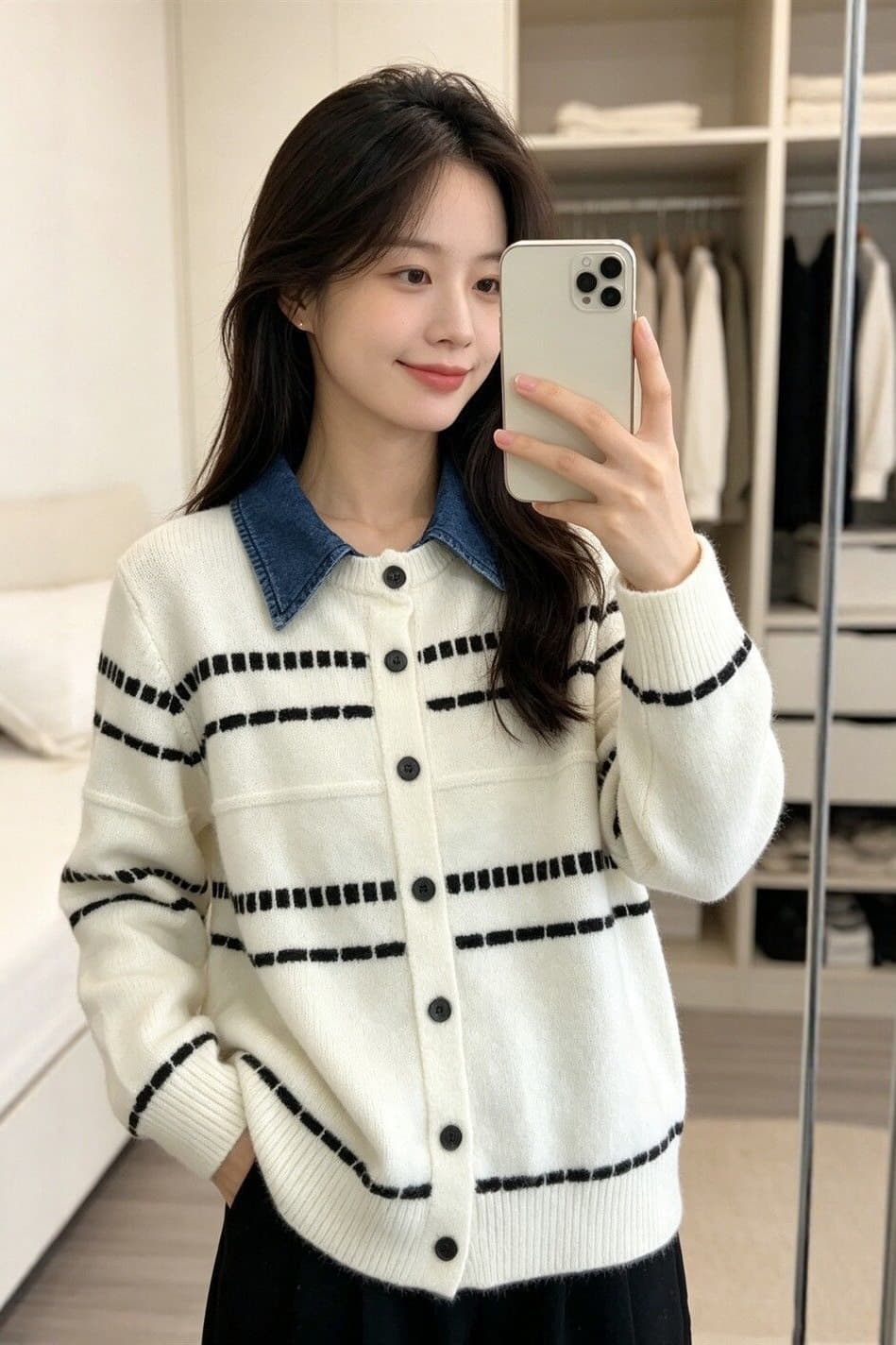 레트로 스트라이프 배색 데님 폴로 칼라 페이크 레이어드 니트 스웨터 2026 가을 새로운 슬림해 보이는 연령 감소 스웨터 코트 이미지 4