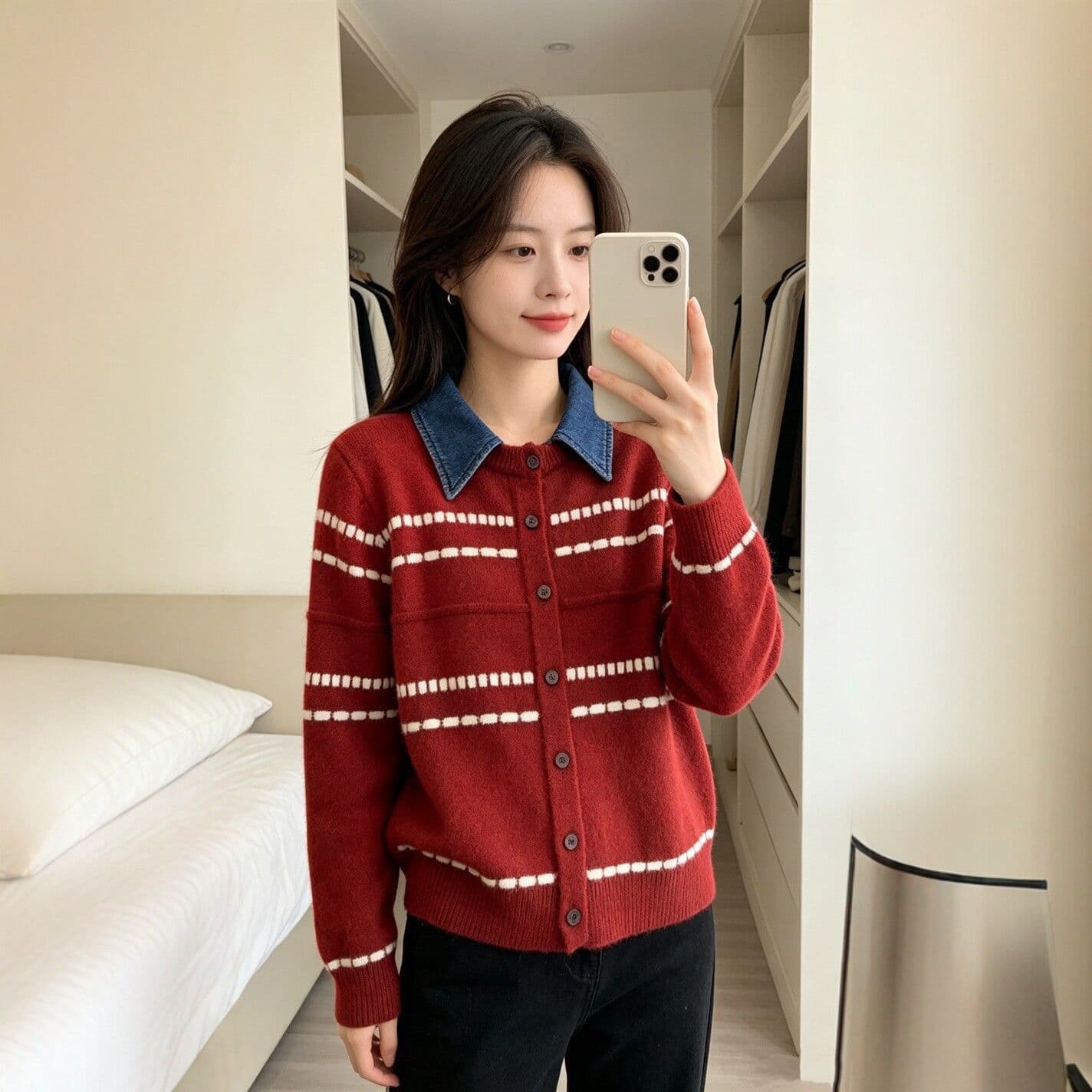 레트로 스트라이프 배색 데님 폴로 칼라 페이크 레이어드 니트 스웨터 2026 가을 새로운 슬림해 보이는 연령 감소 스웨터 코트 상세 이미지 4