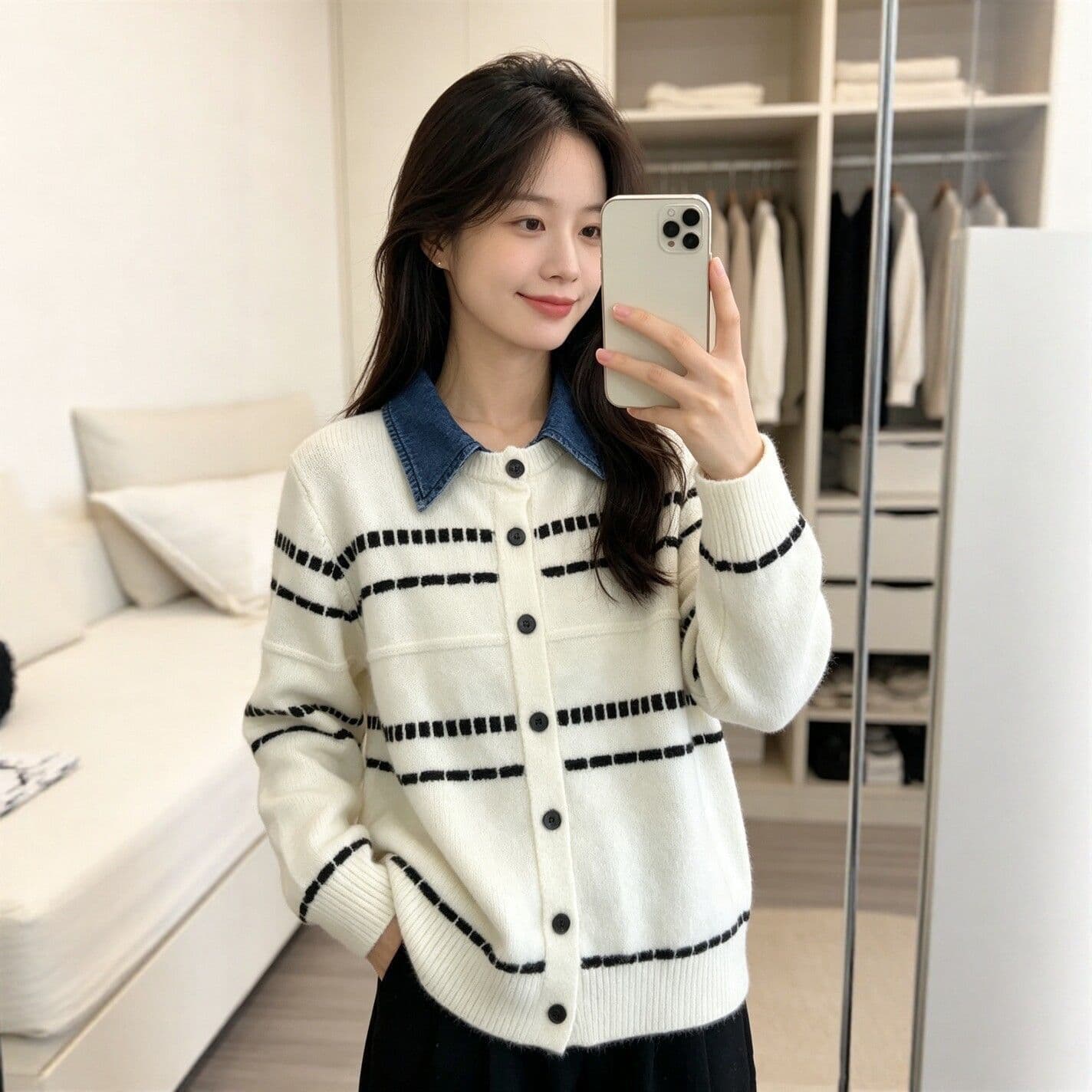 레트로 스트라이프 배색 데님 폴로 칼라 페이크 레이어드 니트 스웨터 2026 가을 새로운 슬림해 보이는 연령 감소 스웨터 코트 상세 이미지 5