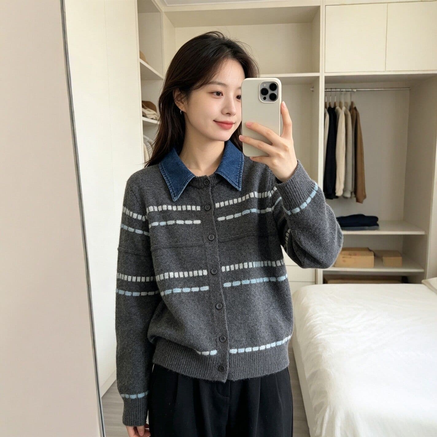 레트로 스트라이프 배색 데님 폴로 칼라 페이크 레이어드 니트 스웨터 2026 가을 새로운 슬림해 보이는 연령 감소 스웨터 코트 상세 이미지 10