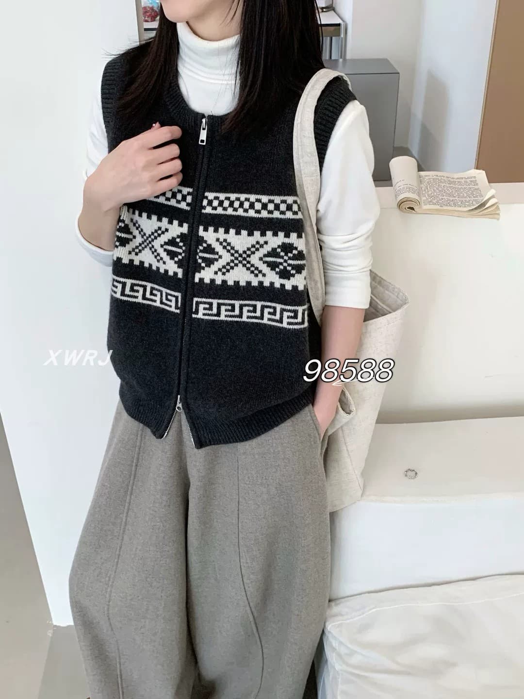 조끼 여자 가을 겨울 새로운 한국 스타일 루즈핏 패션 자카드 지퍼 보온 민소매 인사이드 가져 가라. 조끼 어깨 조끼 상세 이미지 6