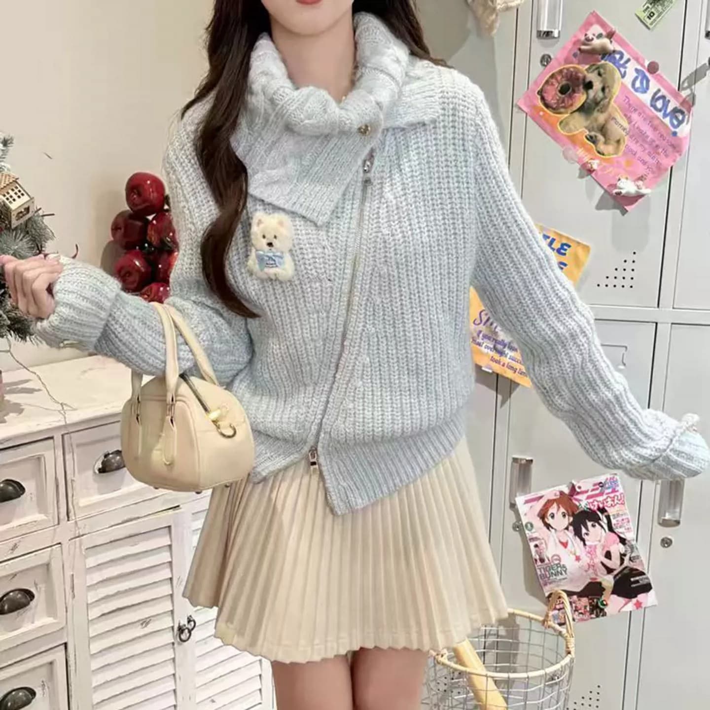 프랑스식 달콤한 스타일 불규칙 지퍼 반하이넥 니트 스웨터 여성 가을 겨울 새로운 부드러운 바람 연령 감소 다용도 재킷 상세 이미지 5