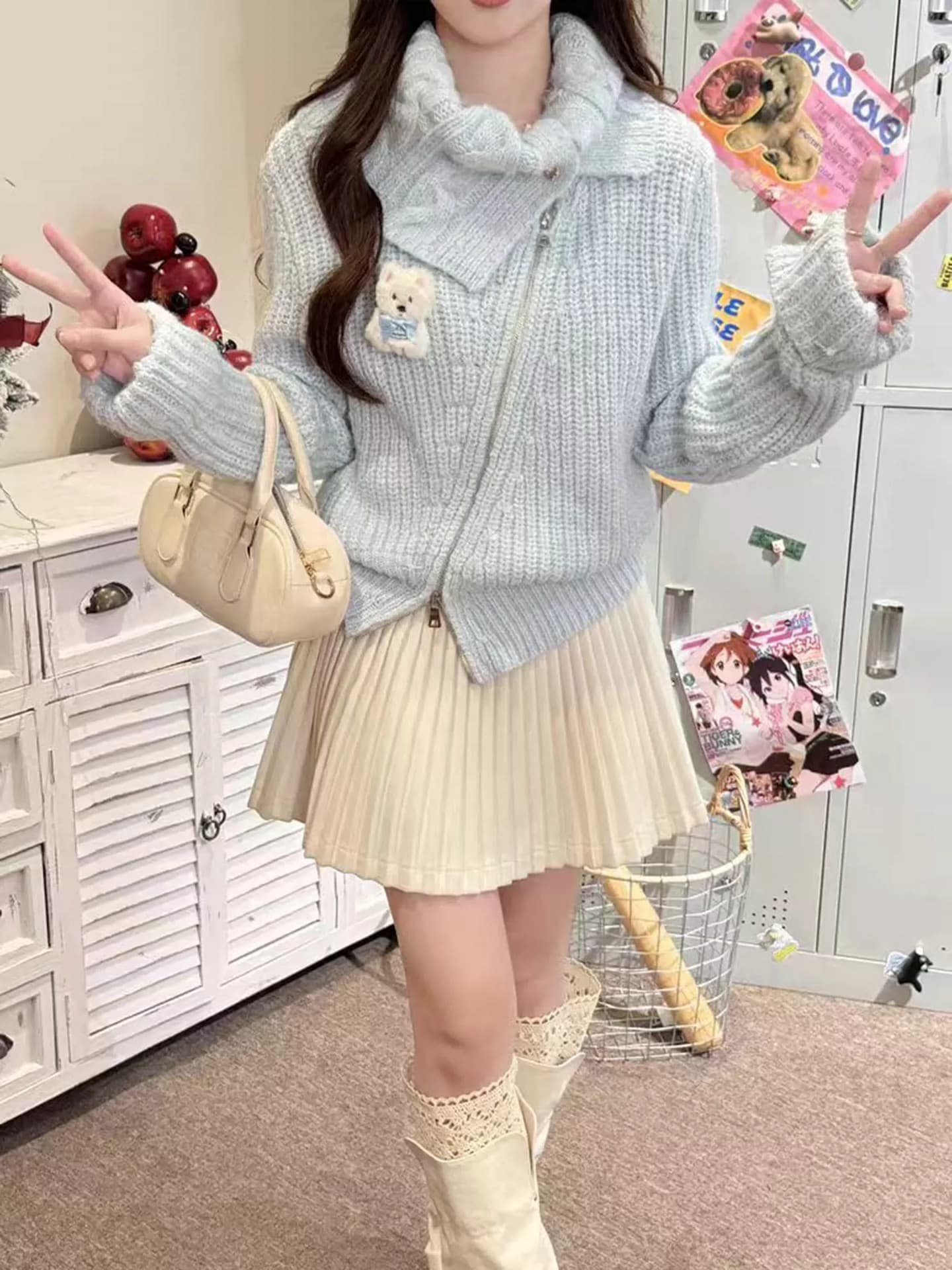 프랑스식 달콤한 스타일 불규칙 지퍼 반하이넥 니트 스웨터 여성 가을 겨울 새로운 부드러운 바람 연령 감소 다용도 재킷 상세 이미지 9