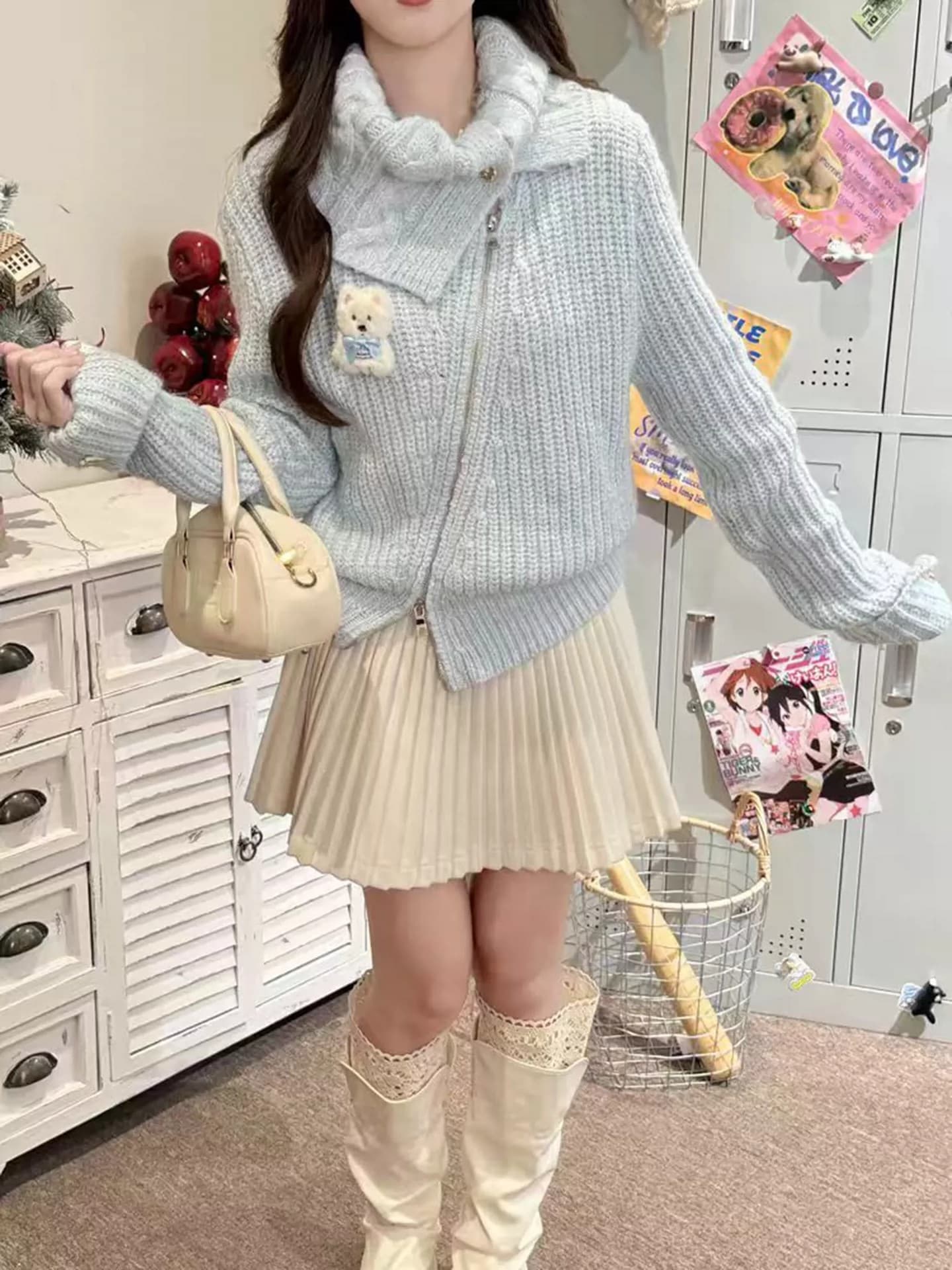프랑스식 달콤한 스타일 불규칙 지퍼 반하이넥 니트 스웨터 여성 가을 겨울 새로운 부드러운 바람 연령 감소 다용도 재킷 상세 이미지 10