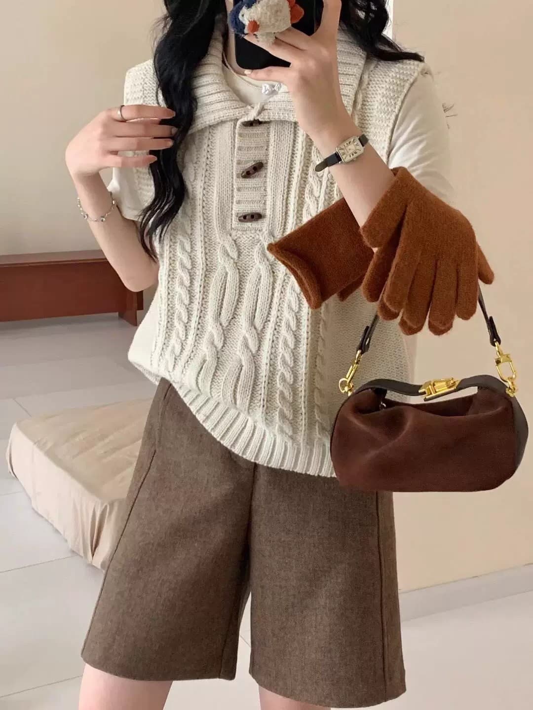 스택 착용 꽈배기 니트 소뿔 버클 민소매 조끼 여성 봄 새로운 루즈핏 폴로 칼라 스웨터 베스트 외부 잡아라. 의류 상세 이미지 1