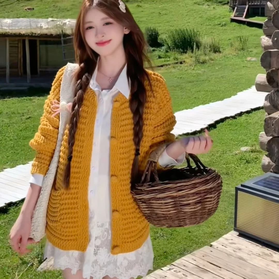센 부서 레트로 황색 스웨터 오픈 가디건 여성 2026 가을 새로운 루즈핏 느긋한 바람 외부 가져 가라. 니트 재킷 맨위 이미지 5