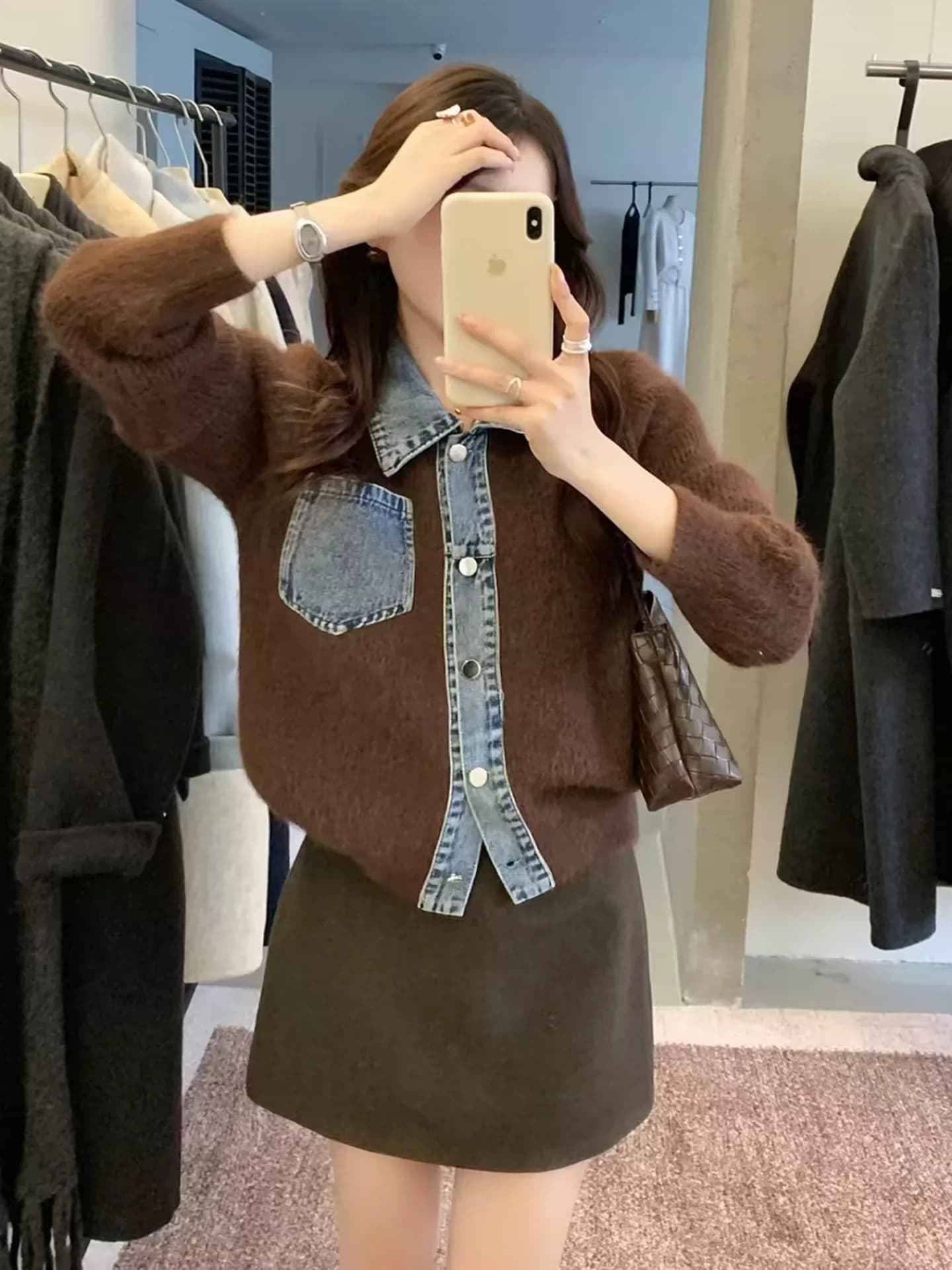 한 부서 디자인 센스 POLO 칼라 데님 패치워크 니트 오픈 가디건 여성 봄 가을 겨울 새로운 다용도 스웨터 품격 재킷 이미지 2