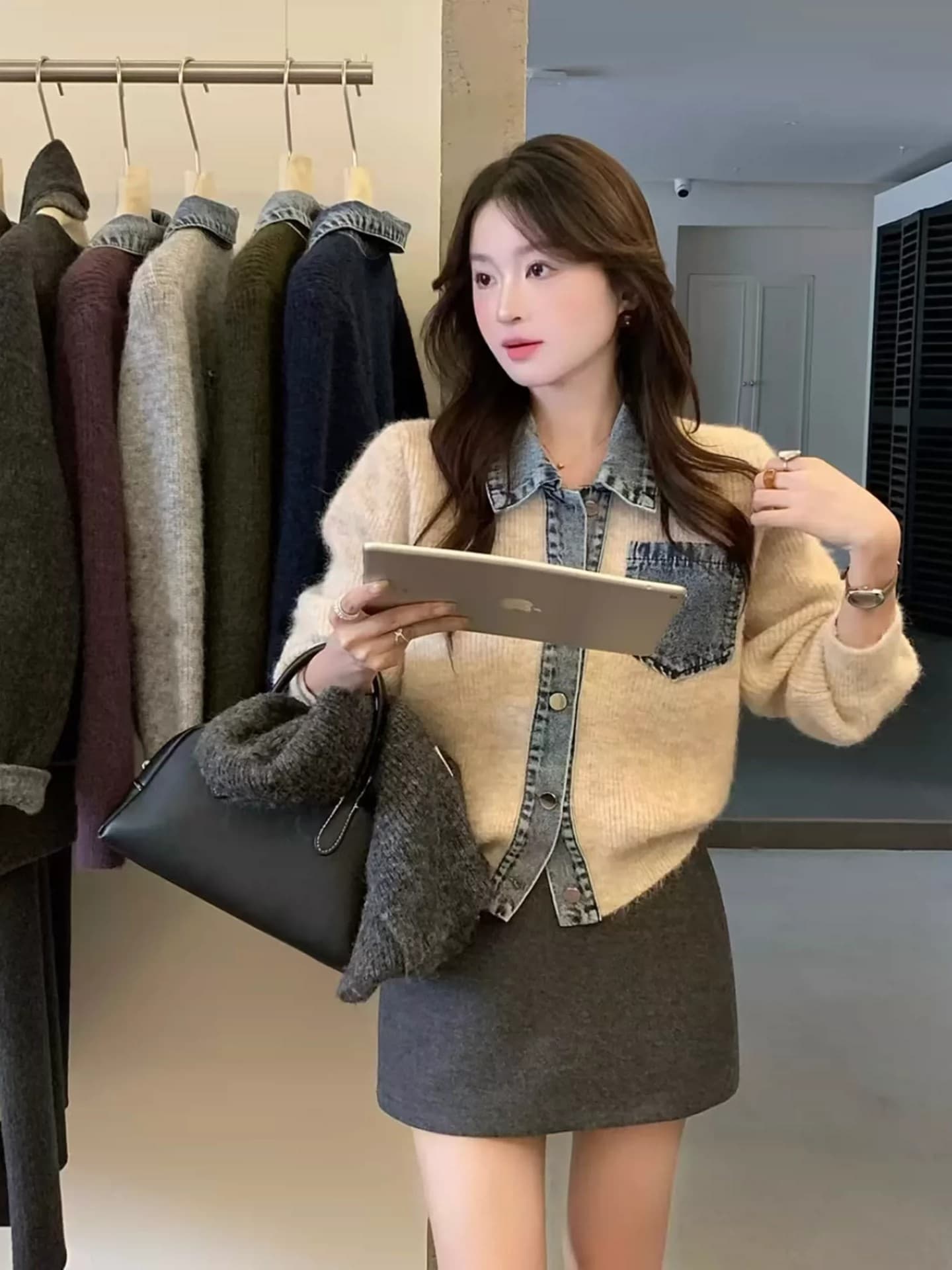 한 부서 디자인 센스 POLO 칼라 데님 패치워크 니트 오픈 가디건 여성 봄 가을 겨울 새로운 다용도 스웨터 품격 재킷