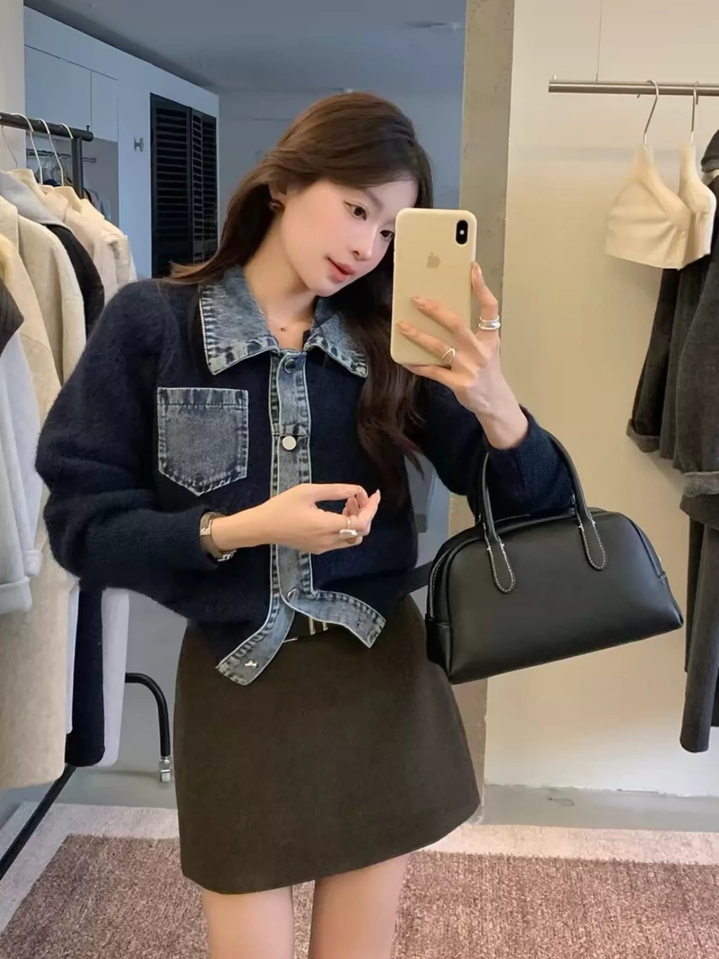한 부서 디자인 센스 POLO 칼라 데님 패치워크 니트 오픈 가디건 여성 봄 가을 겨울 새로운 다용도 스웨터 품격 재킷 상세 이미지 2