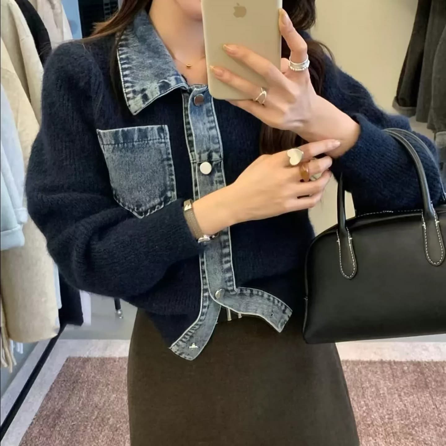 한 부서 디자인 센스 POLO 칼라 데님 패치워크 니트 오픈 가디건 여성 봄 가을 겨울 새로운 다용도 스웨터 품격 재킷 상세 이미지 4