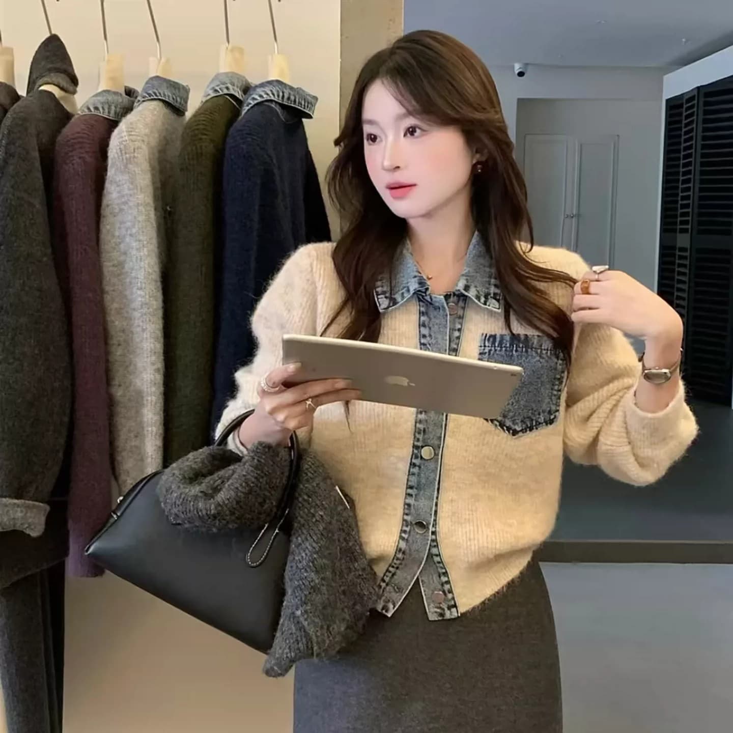 한 부서 디자인 센스 POLO 칼라 데님 패치워크 니트 오픈 가디건 여성 봄 가을 겨울 새로운 다용도 스웨터 품격 재킷 상세 이미지 5