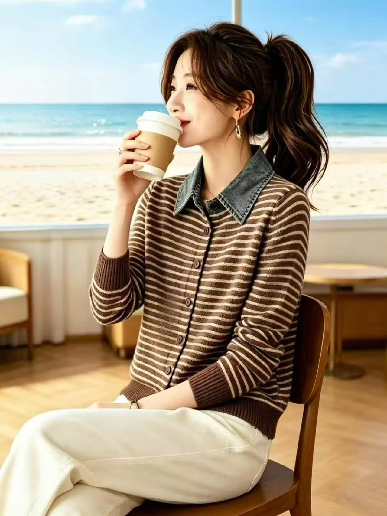 페이크 레이어드 데님 칼라 스트라이프 니트 오픈 가디건 여성 루즈핏 슬림해 보이는 디자인 센스 스웨터 코트 2026 가을 의상 새로운 상세 이미지 1
