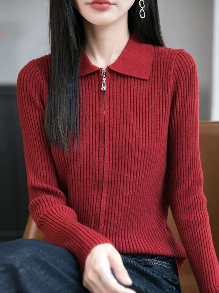 봄 가을 새로운 POLO 칼라 순양모 더블 지퍼 니트 카디건 코트 카디건 폴로 칼라 만나는 스웨터 여자