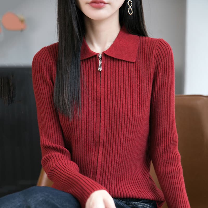 봄 가을 새로운 POLO 칼라 순양모 더블 지퍼 니트 카디건 코트 카디건 폴로 칼라 만나는 스웨터 여자 상세 이미지 3
