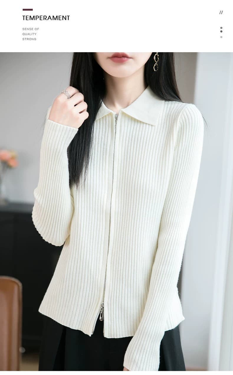 봄 가을 새로운 POLO 칼라 순양모 더블 지퍼 니트 카디건 코트 카디건 폴로 칼라 만나는 스웨터 여자 상세 이미지 12