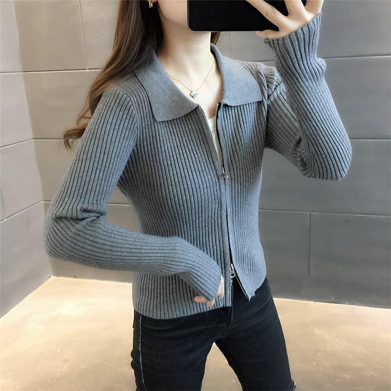 봄 가을 새로운 POLO 칼라 순양모 더블 지퍼 니트 카디건 코트 카디건 폴로 칼라 만나는 스웨터 여자 상세 이미지 17