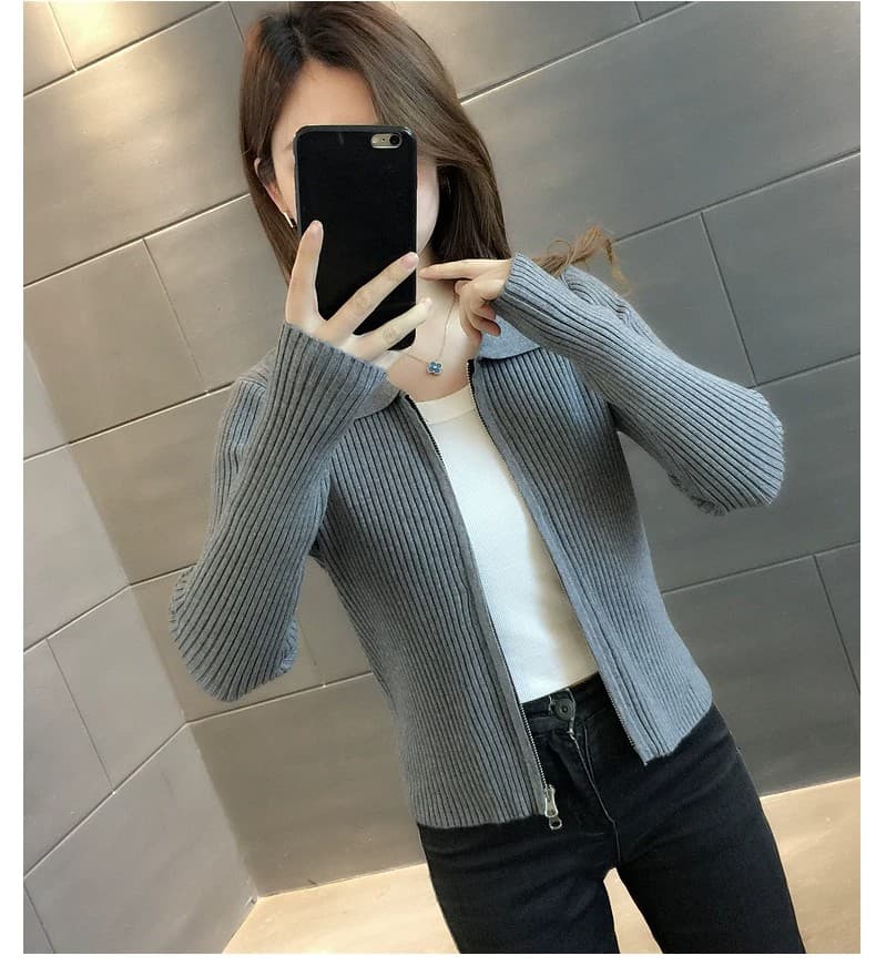 봄 가을 새로운 POLO 칼라 순양모 더블 지퍼 니트 카디건 코트 카디건 폴로 칼라 만나는 스웨터 여자 상세 이미지 21