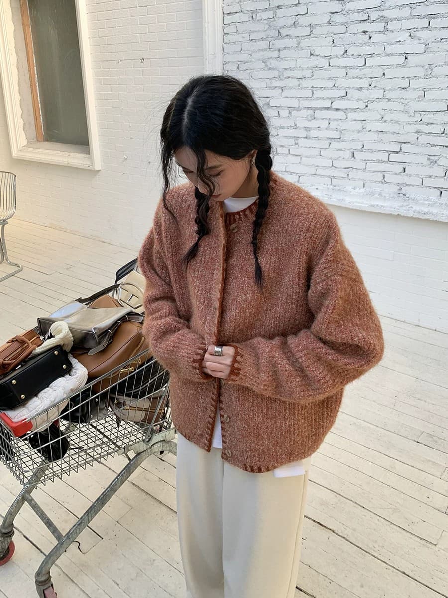 브뤼셀 가을 레트로 배색 스웨터 오픈 가디건 여성 가을 겨울 느긋한 바람 니트 스웨터 재킷 이미지 3