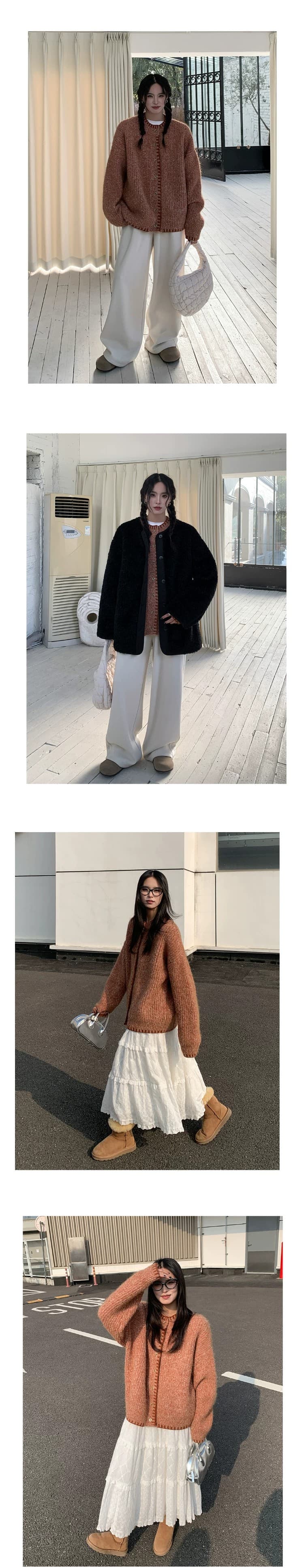 브뤼셀 가을 레트로 배색 스웨터 오픈 가디건 여성 가을 겨울 느긋한 바람 니트 스웨터 재킷 상세 이미지 8