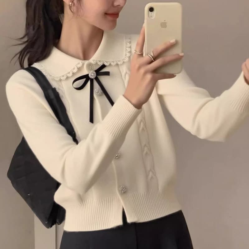 학원 스타일 베이비 칼라 나비 매듭 니트 오픈 가디건 여성 가을 겨울 한 부서 다용도 연령 감소 스웨터 코트 쇼트 스타일 맨위 상세 이미지 1