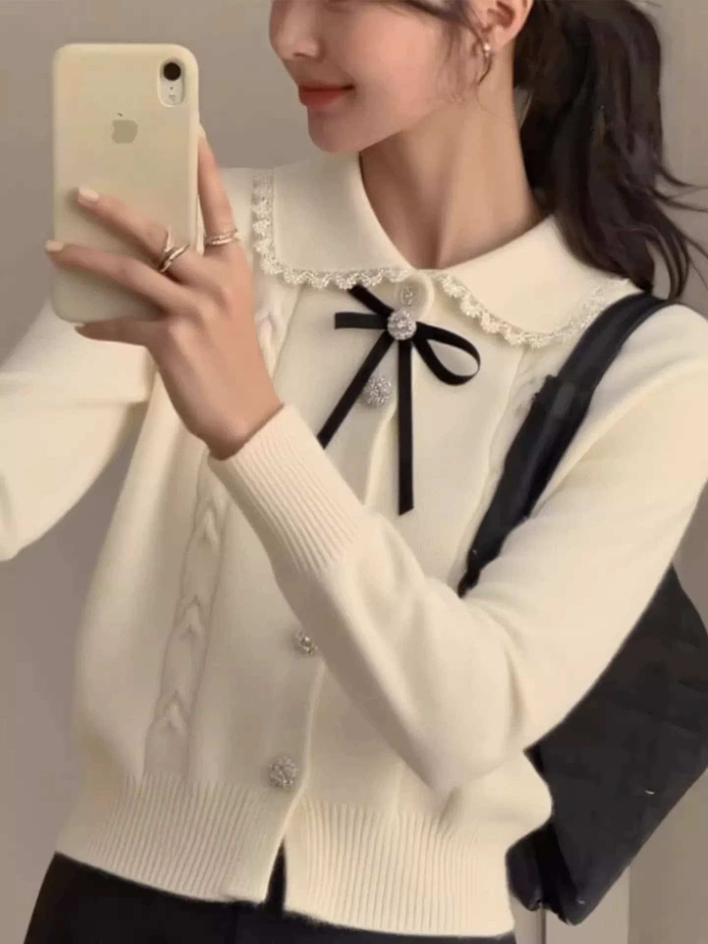 학원 스타일 베이비 칼라 나비 매듭 니트 오픈 가디건 여성 가을 겨울 한 부서 다용도 연령 감소 스웨터 코트 쇼트 스타일 맨위 상세 이미지 4