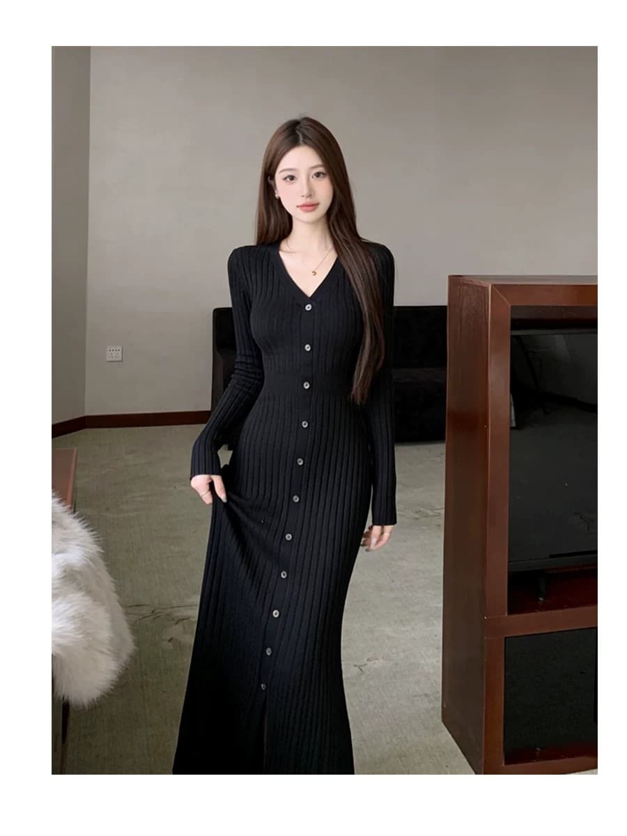 빛 럭셔리 작은 샤넬 스타일 V넥 봄 가을 긴팔 니트 드레스 허리 수축 A라인 스커트 몸매 가꾸기 롱 코트 인사이드 가져 가라. 스웨터 드레스 상세 이미지 9