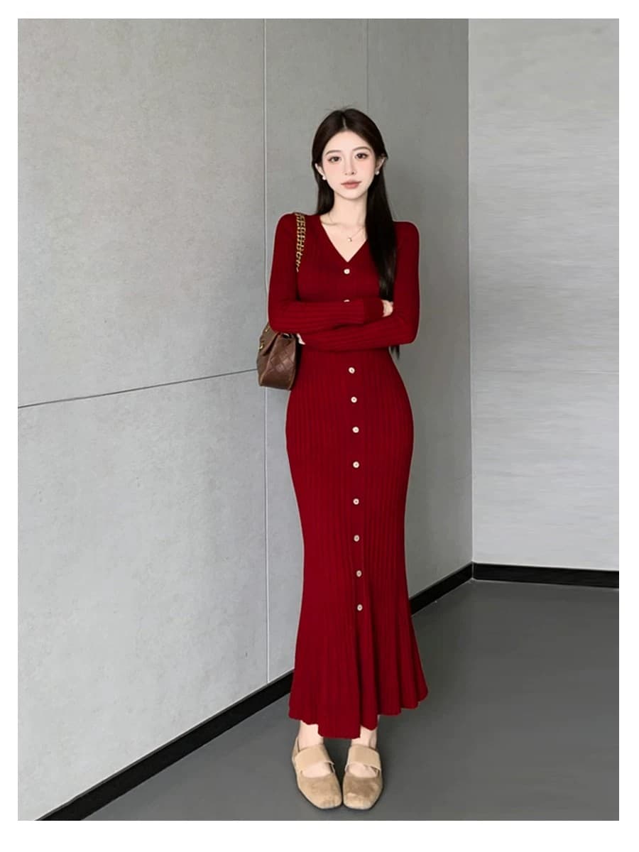 빛 럭셔리 작은 샤넬 스타일 V넥 봄 가을 긴팔 니트 드레스 허리 수축 A라인 스커트 몸매 가꾸기 롱 코트 인사이드 가져 가라. 스웨터 드레스 상세 이미지 11